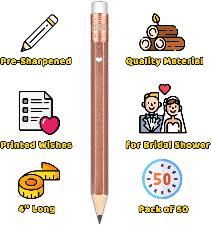 Vusnud 50Pcs - Bridal Shower Sharpened Half Pencils with Erasers, Pre-sharpened Pencils for Bridal Shower & Wedding Games, 4 Inches (Rose Gold - Bridal) - Image 3